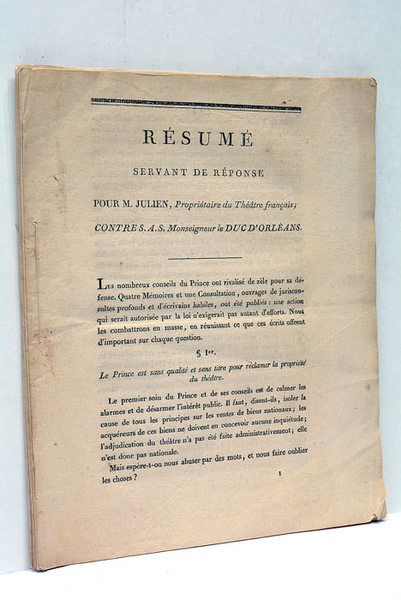 RESUME servant de réponse pour M. Julien, Propriétaire du Théatre …