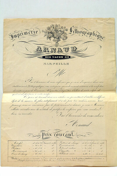 Imprimerie Lithographique Arnaud. Rue Vacon 39. Marseille.