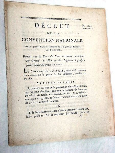 DÉCRET DE LA CONVENTION NATIONALE, du 16e jour de Frimaire, …