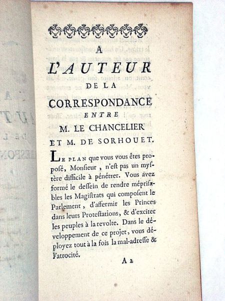 A l'Auteur de la correspondance entre M. Le Chancelier et …