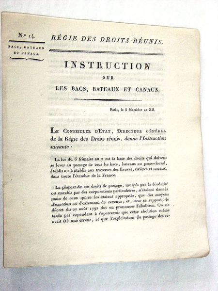 INSTRUCTION sur les bacs, bateaux et canaux. Régie des Droits …