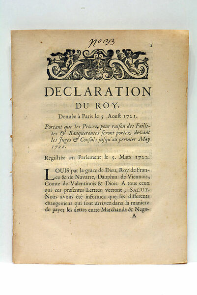 DECLARATION DU ROY. Donnée à Paris le 5 Aoust 1721. …