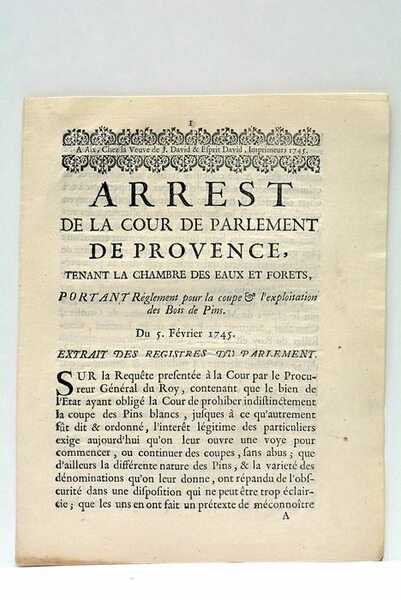 ARREST DE LA COUR DE PARLEMENT DE PROVENCE, Tenant la …