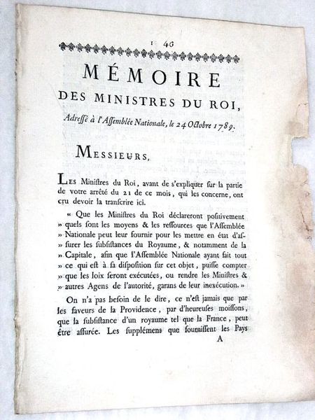 MEMOIRE des Ministres du Roi, Adressé à l'Assemblée Nationale, le …