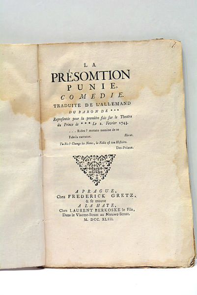 PRESOMTION PUNIE (La), Comedie. Traduite de l'Allemand du Baron de …