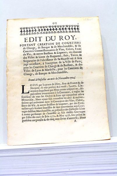 EDIT du Roy, portant creation de Courtiers de Change, de …