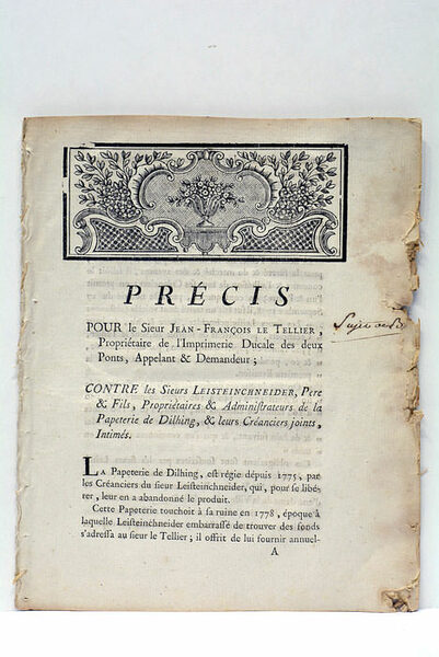 PRECIS POUR LE SIEUR JEAN-FRANÇOIS LE TELLIER, PROPRIÉTAIRE DE L'IMPRIMERIE …