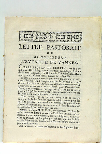 Lettre Pastorale de Monseigneur l'evêque de Vannes.