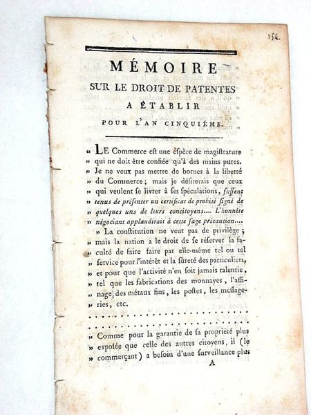 MEMOIRE sur le Droit de Patentes à Etablir pour l'an …