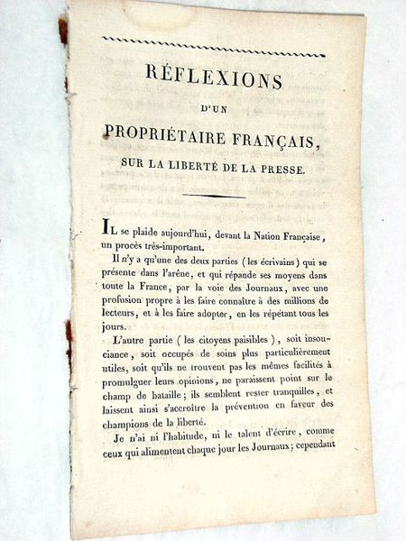 RÉFLEXIONS d'un propriétaire français, sur la Liberté de la Presse.