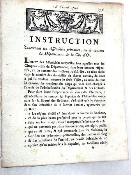 INSTRUCTION concernant les Assemblées primaires, ou de cantons du département …