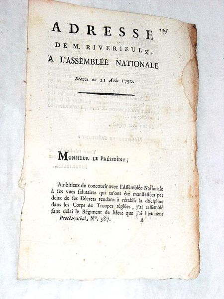 Adresse à l'Assemblée Nationale séance du 21 août 1790.