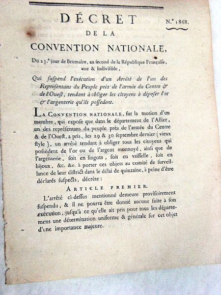 DÉCRET DE LA CONVENTION NATIONALE, du 23e jour de Brumaire, …