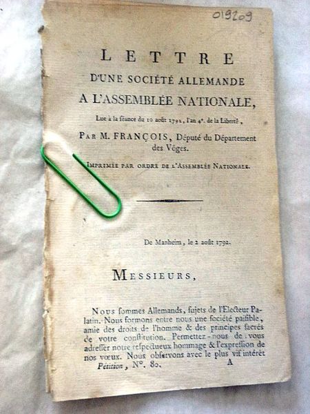 Lettre d'une Société allemande à l'Assemblée Nationale.