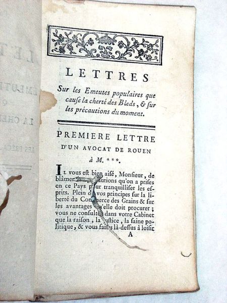 Lettres sur les émeutes populaires que cause la cherté des …