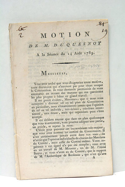 Motion à la séance du 14 août 1789.