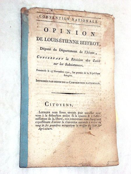 Opinion concernant la Révision des Lois sur les subsistances. Prononcée …