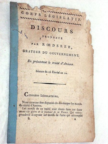 Discours en présentant le traité d'Amiens. Séance du 16 Floréal …