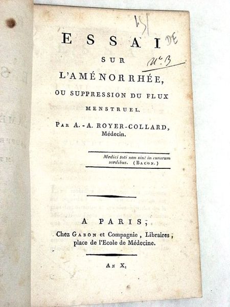 Essai sur l'Aménorrhée, ou suppression du flux menstruel.