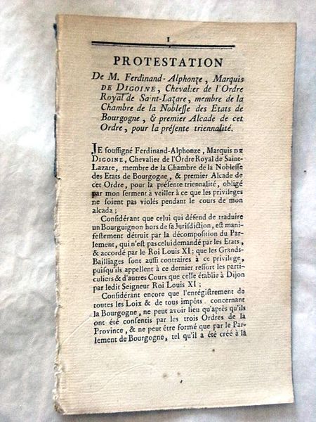 Protestation de M. Ferdinand Alphonse, marquis de Digoine, chevalier de …