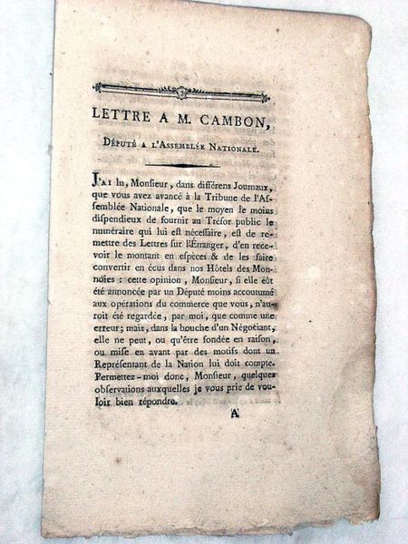 Lettre à M. Cambon, député à l'Assemblée Nationale.