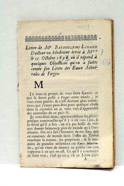 Lettre écrite à M. le 15 Octobre 1696 où il …