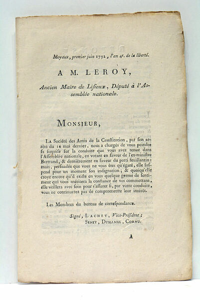 A M. LEROY, Ancien Maire de Lisieux, député à l'Assemblée …