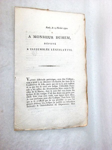 A Monsieur Duhem, député à l'Assemblée Législative.