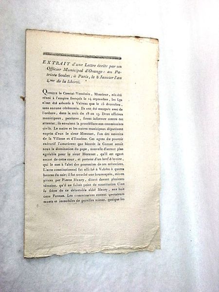 Extrait d'une lettre écrite par un Officier Municipal d'Orange: au …