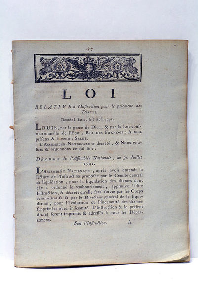 LOI relative à l'Instruction pour le paiement des Dixmes.