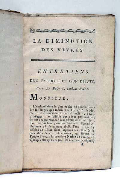 DIMINUTION (La) des vivres. Entretiens d'un patriote et d'un député, …