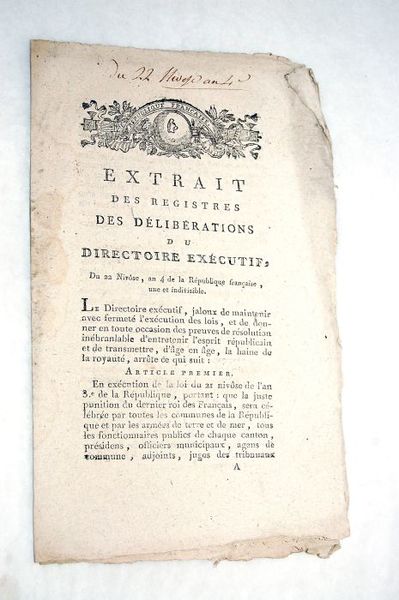 EXTRAIT des registres des délibérations du directoire exécutif, du 22 …