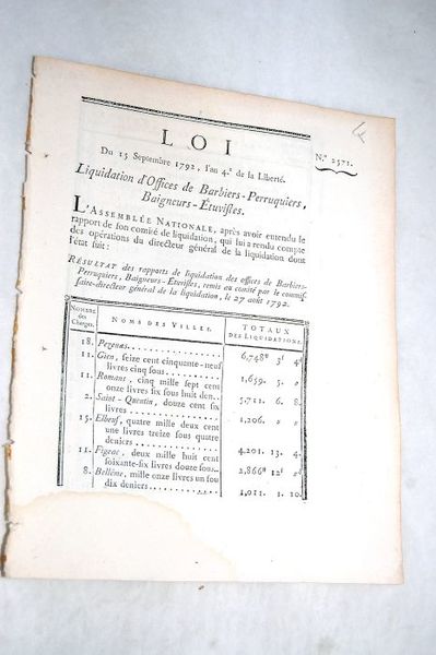 LOI du 15 septembre 1792, l'an 4e de la liberté. …