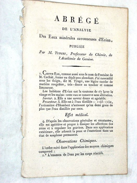 Abrégé de l'analyse des Eaux Minérales savonneuses d'Evian.