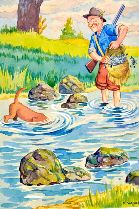 Aquarelle représentant un chasseur.