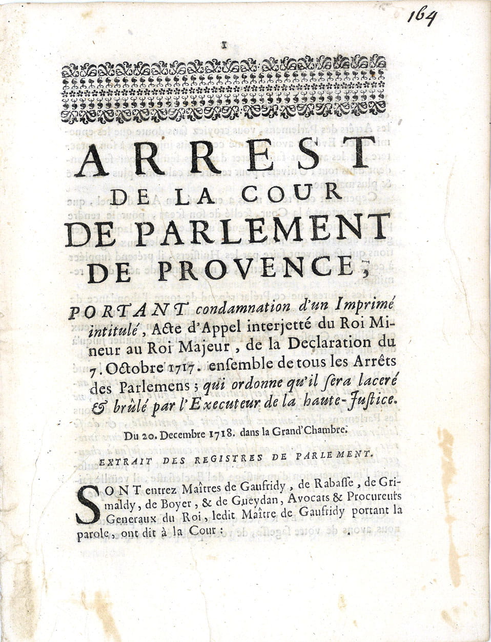 ARREST de la Cour de Parlement de Provence, Portant condamnation …