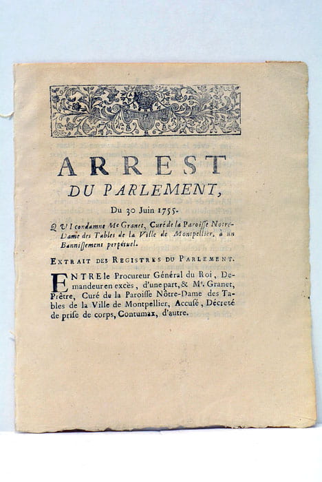 ARREST DU PARLEMENT qui condamne Me. Granet, Curé de la …