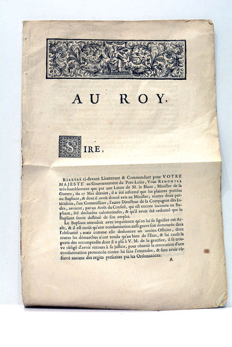 AU ROY. Sire, Barrère ci-devant Lieutenant et Commandant pour Votre …