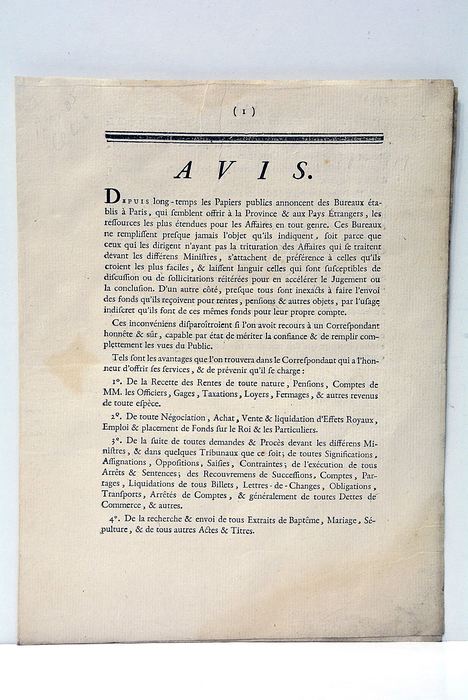 AVIS. Depuis long-temps les Papiers publics annoncent des Bureaux établis …