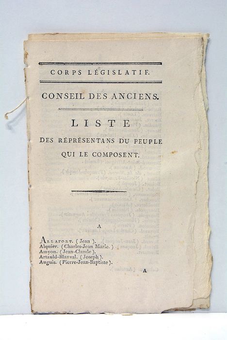 CONSEIL DES ANCIENS. Liste des réprésentants du peuple qui le …