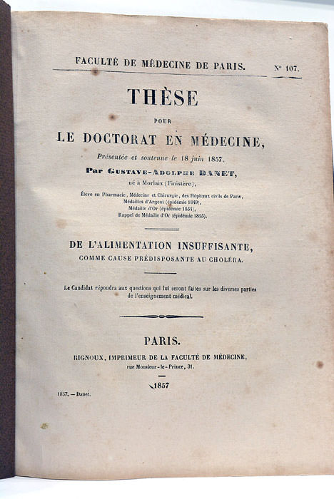 De l’alimentation insuffisante comme cause prédisposante au choléra.