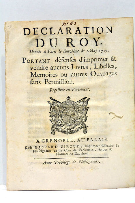 DECLARATION du Roy portant défenses d'Imprimer et Vendre aucuns Livres, …
