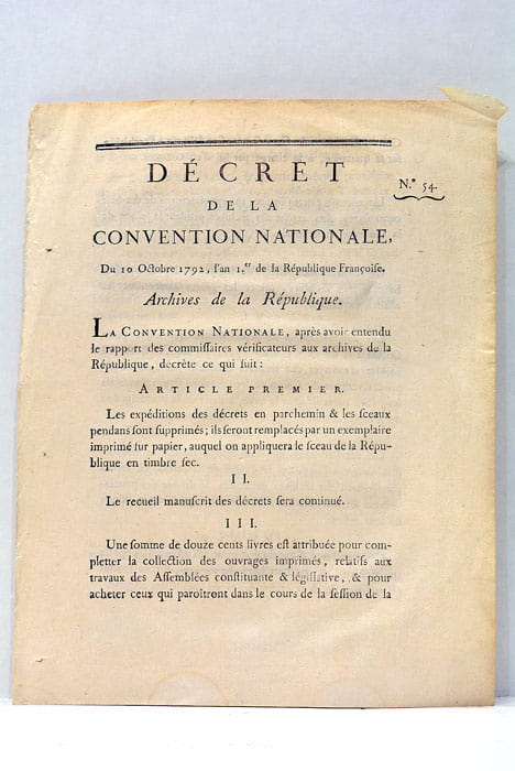 DECRET DE LA CONVENTION Nationale. Archives de la République.