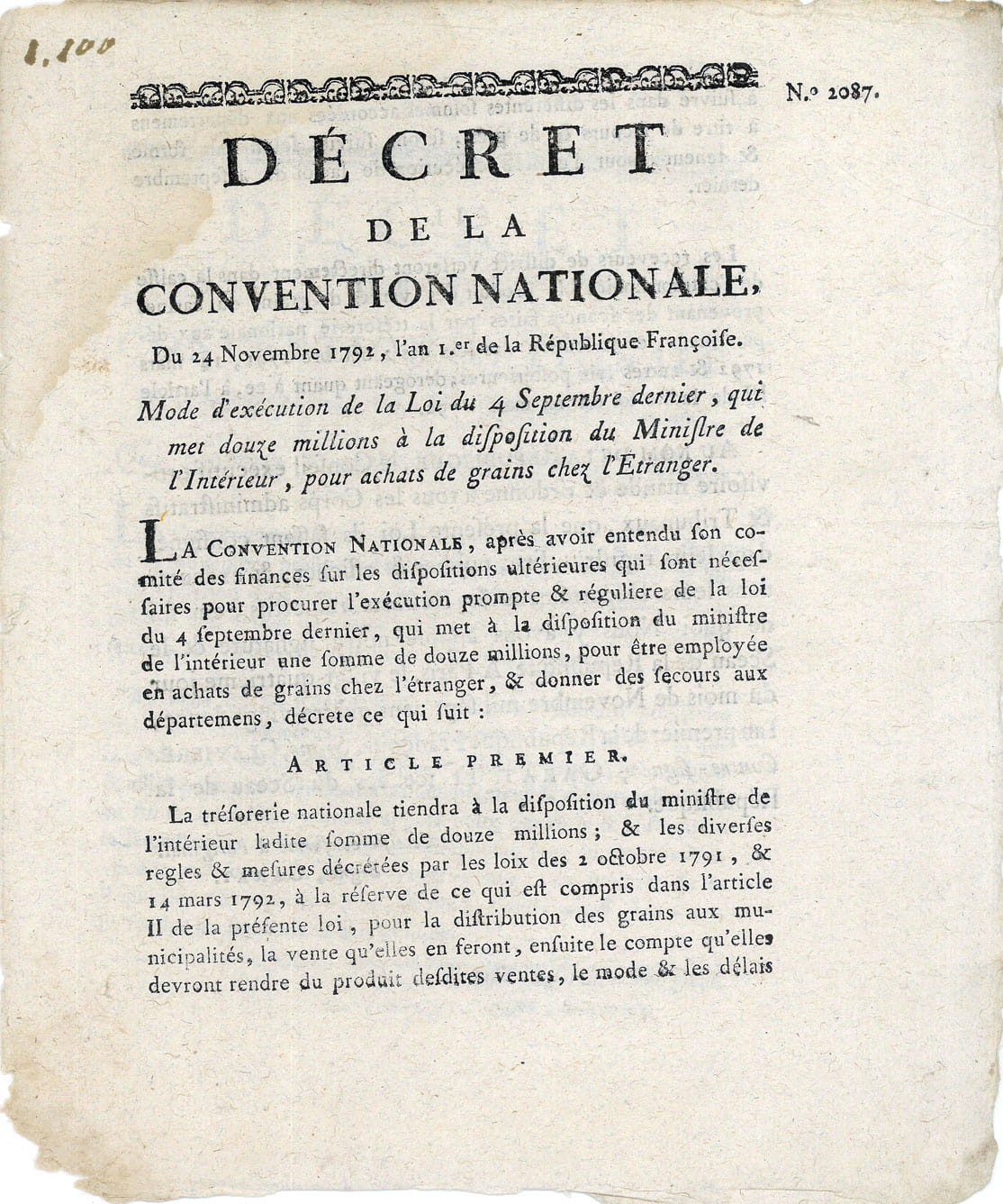 DÉCRET de la Convention Nationale, du 24 novembre 1792, l'an …