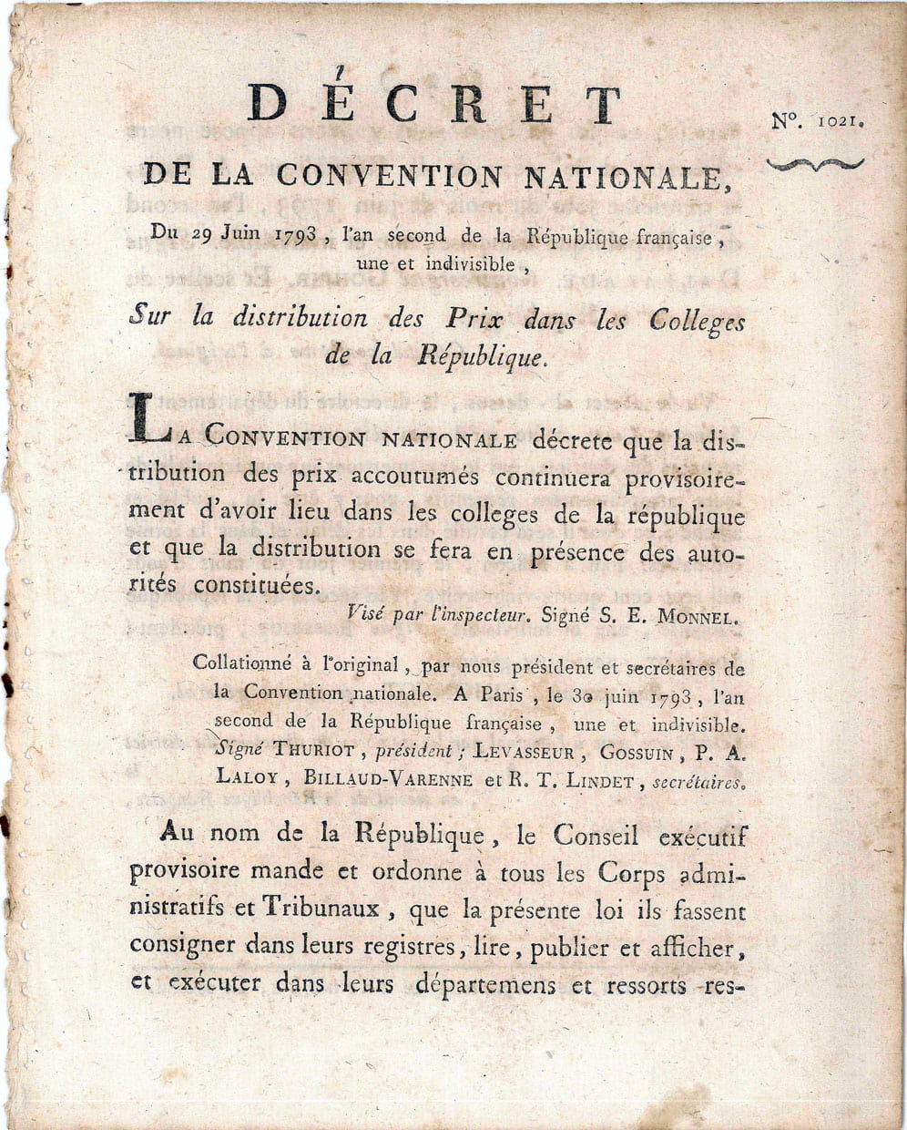 DECRET de la Convention Nationale sur la distribution des Prix …