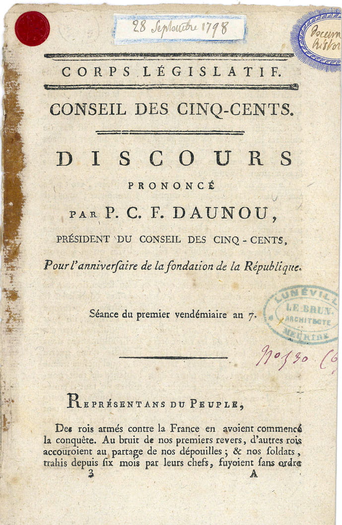 Discours Prononcé par P.C.F. Daunou Président du Conseil des Cinq-cents, …