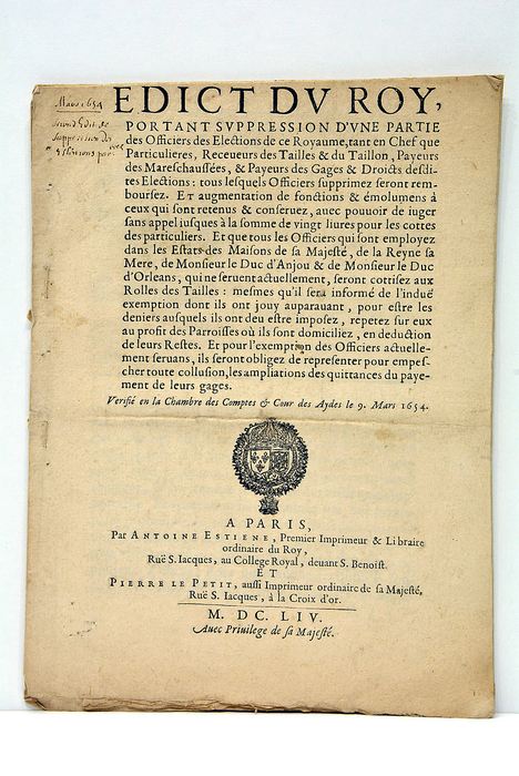 EDICT DU ROY portant suppression d'une partie des Officiers des …
