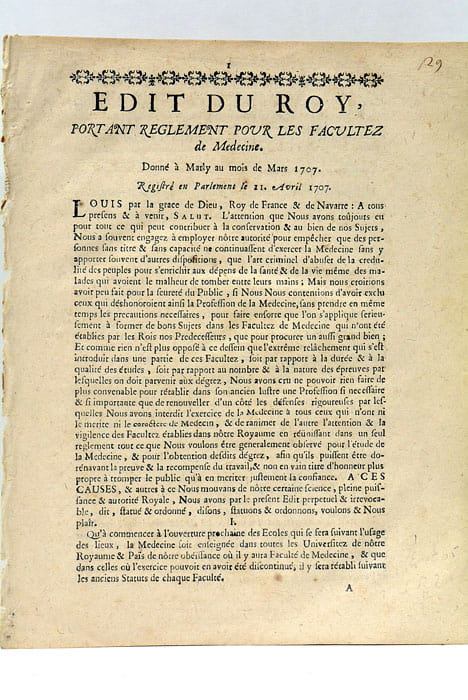 EDIT du Roi portant Réglement pour les Facultez de Medecine…