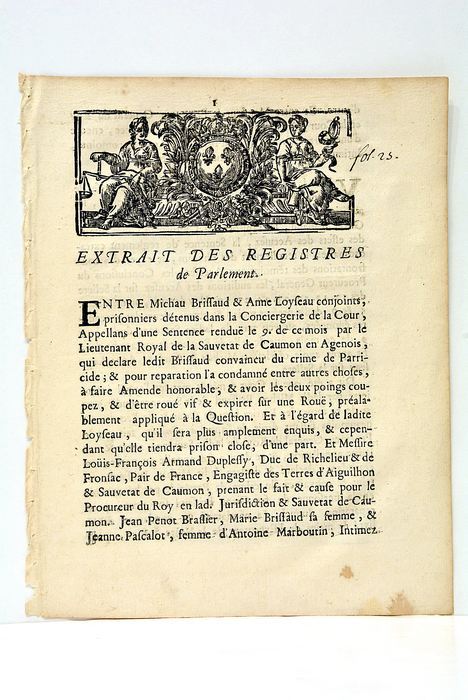 EXTRAIT des Registres de Parlement. Entre Michel Brissaud et Anne …