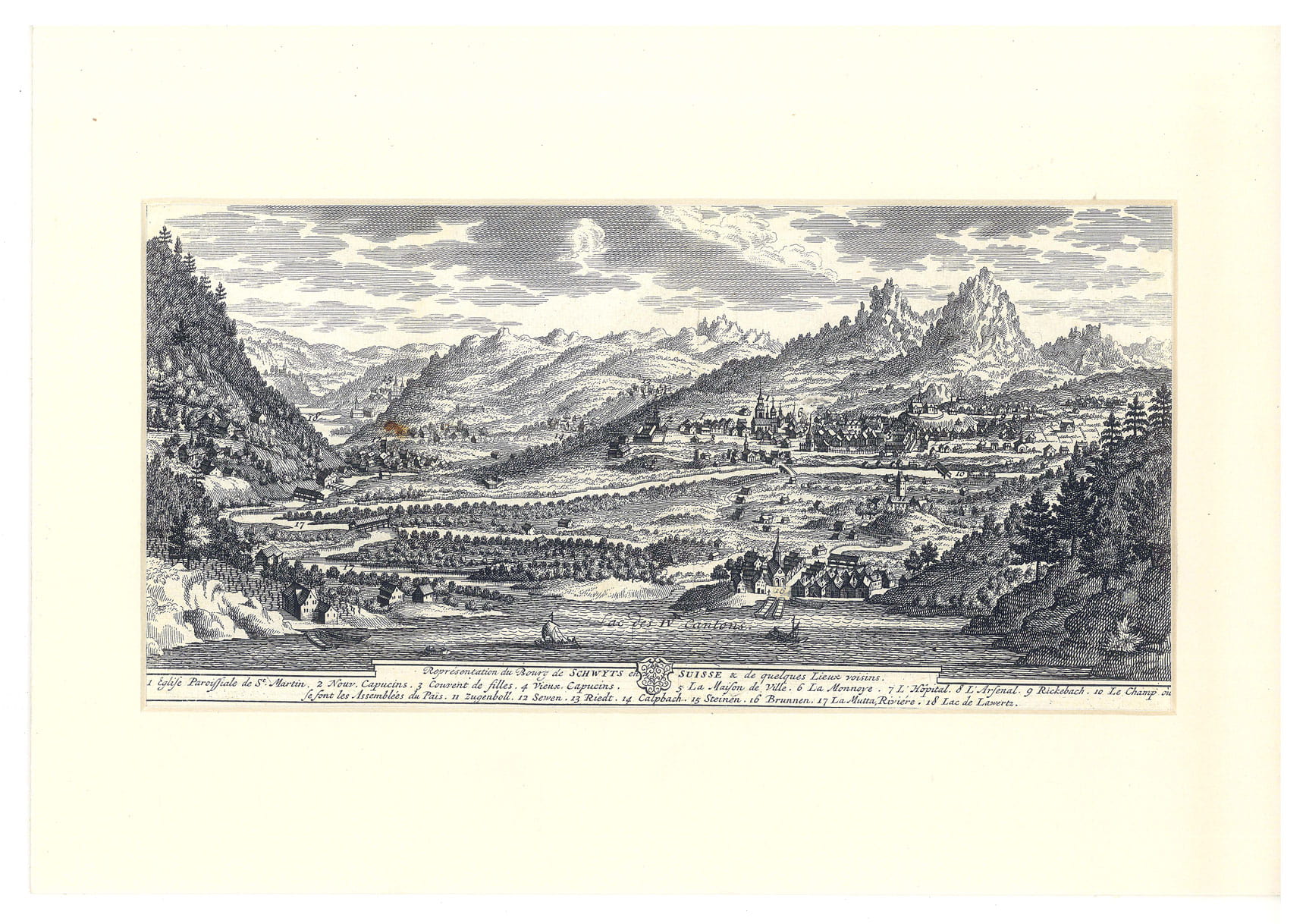 GRAVURE REPRESENTATION du XVIIe du bourg de Schwyts en Suisse …